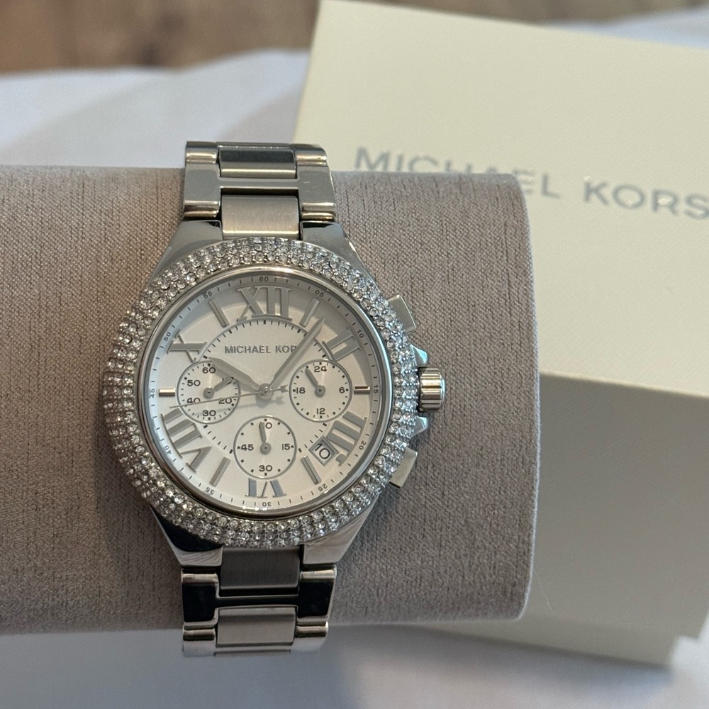 Michael Kors Silver Chronograph Watch with Crystal Bezel